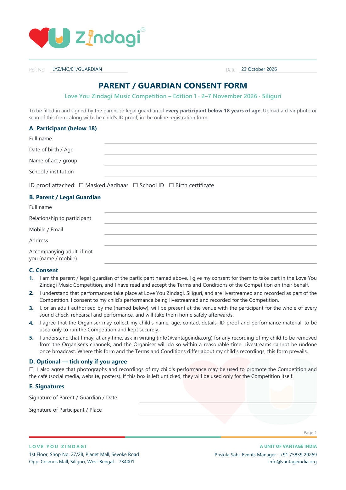 Parent / Guardian Consent Form page 1